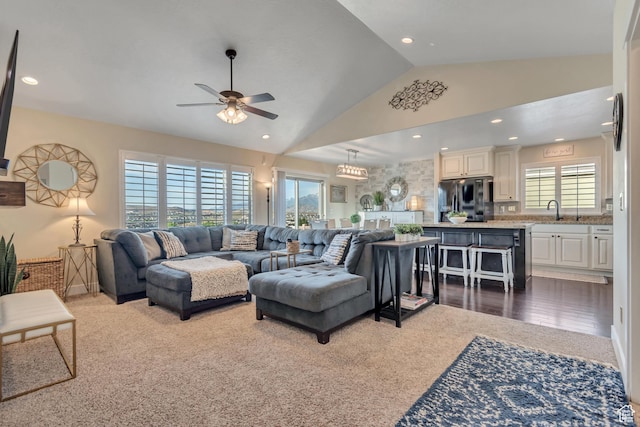 3547 E Jacobs Way, Eagle Mountain, UT 84005 - living room with a ceiling fan, vaulted ceiling, dark carpet, and recessed lighting