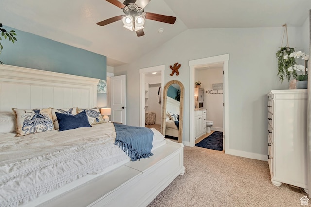 3547 E Jacobs Way, Eagle Mountain, UT 84005 - bedroom with vaulted ceiling, light carpet, ensuite bathroom, ceiling fan, and baseboards