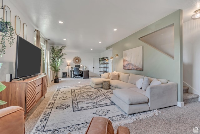 3547 E Jacobs Way, Eagle Mountain, UT 84005 - living room featuring carpet floors, a desk, recessed lighting, and stairs