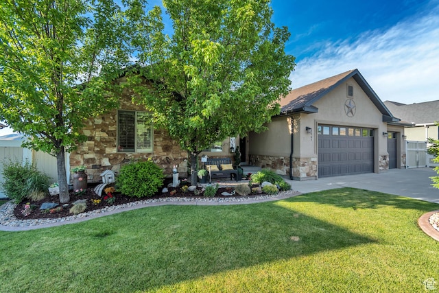 3547 E Jacobs Way, Eagle Mountain, UT 84005 - view of front of home featuring stone siding, a front lawn, and an attached garage