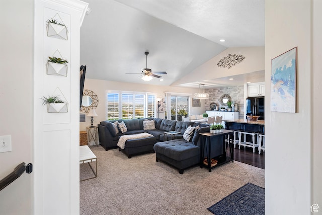 3547 E Jacobs Way, Eagle Mountain, UT 84005 - carpeted living area featuring lofted ceiling and ceiling fan