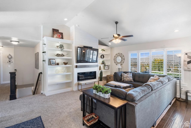 3547 E Jacobs Way, Eagle Mountain, UT 84005 - living room featuring lofted ceiling, a ceiling fan, a glass covered fireplace, recessed lighting, and baseboards