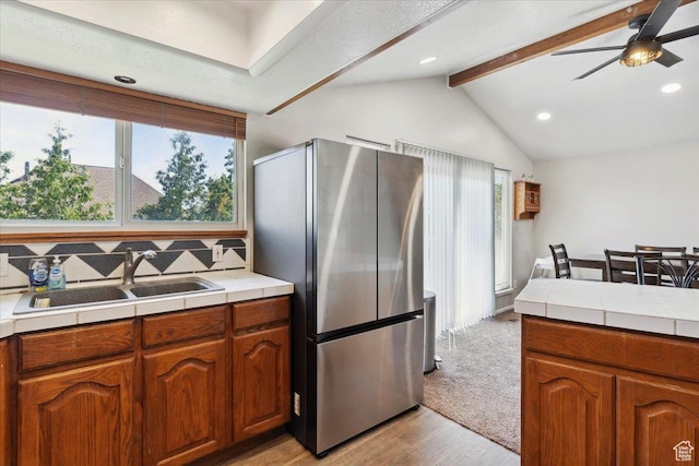 1602 E 2550 N, Layton, UT 84040 - kitchen with freestanding refrigerator, a sink, tile counters, ceiling fan, and recessed lighting