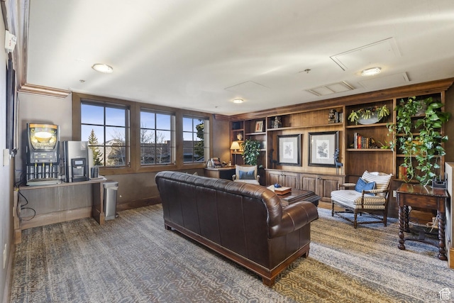 8200 E Royal St Unit 50, Deer Valley, UT 84060 - living room featuring carpet flooring, built in features, attic access, and baseboards