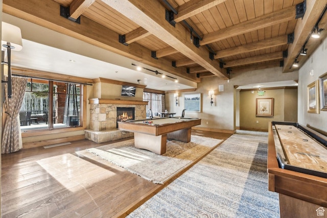 8200 E Royal St Unit 50, Deer Valley, UT 84060 - playroom with wooden ceiling with exposed beams, a stone fireplace, light wood finished floors, billiards, and baseboards