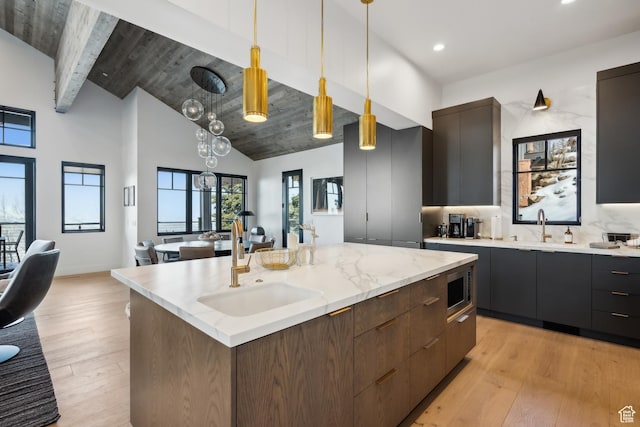 8200 E Royal St Unit 50, Deer Valley, UT 84060 - kitchen with a sink, modern cabinets, pendant lighting, an island with sink, and stainless steel microwave
