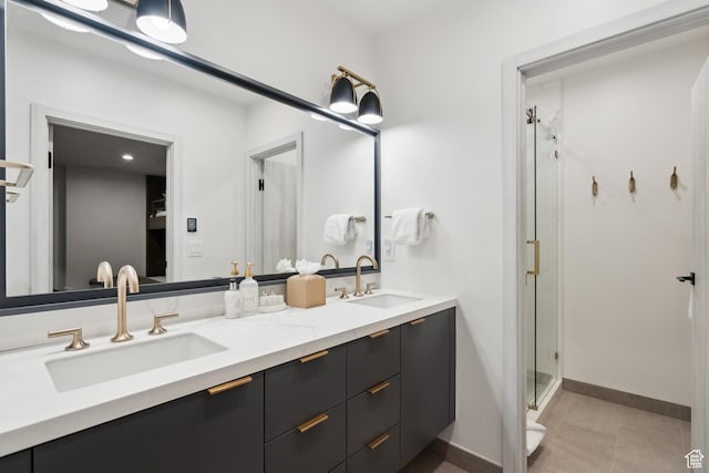 8200 E Royal St Unit 50, Deer Valley, UT 84060 - full bathroom featuring double vanity, a stall shower, baseboards, and tile patterned flooring