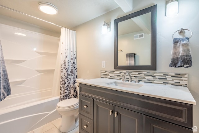 2534 S 2200 W, West Haven, UT 84401 - bathroom featuring vanity, backsplash, toilet, shower / bath combination with curtain, and tile patterned flooring
