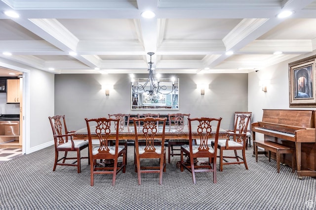123 E 2nd Ave N Unit 1211, Salt Lake City, UT 84103 - dining area featuring carpet flooring, a chandelier, baseboards, recessed lighting, and beamed ceiling