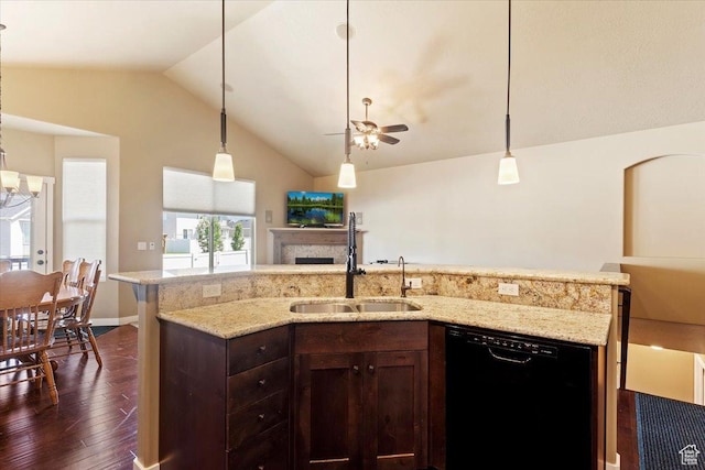2432 Field Stone Way, Layton, UT 84041 - kitchen featuring black dishwasher, dark wood-style floors, vaulted ceiling, open floor plan, and ceiling fan