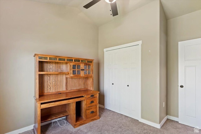 2432 Field Stone Way, Layton, UT 84041 - office featuring light carpet, vaulted ceiling, ceiling fan, and baseboards