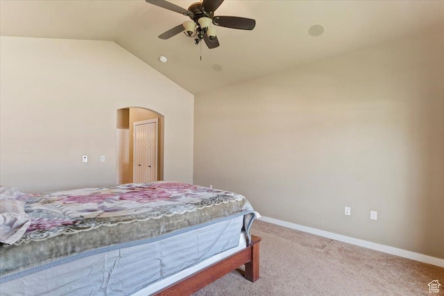 2432 Field Stone Way, Layton, UT 84041 - bedroom featuring arched walkways, lofted ceiling, baseboards, carpet flooring, and ceiling fan