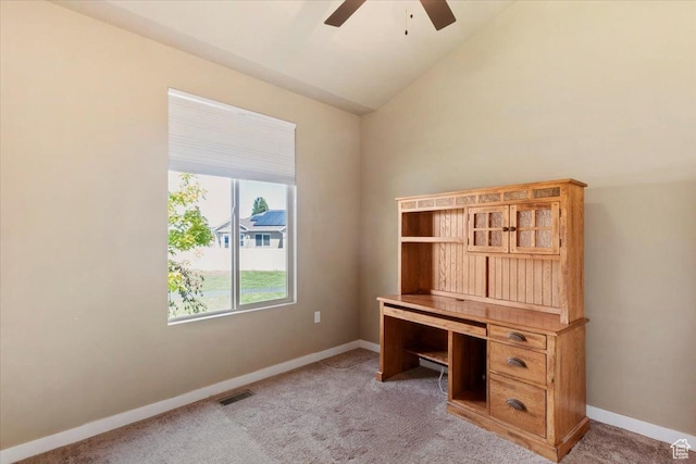 2432 Field Stone Way, Layton, UT 84041 - unfurnished office featuring a ceiling fan, light carpet, baseboards, and vaulted ceiling