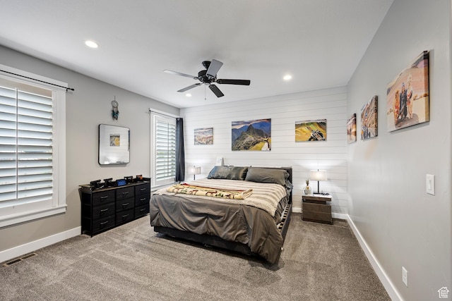 2609 W 3075 S, West Haven, UT 84401 - carpeted bedroom featuring recessed lighting, baseboards, a ceiling fan, and wood walls