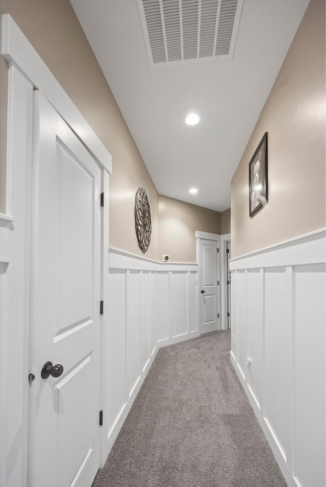 2609 W 3075 S, West Haven, UT 84401 - hallway with carpet flooring, a decorative wall, wainscoting, and recessed lighting