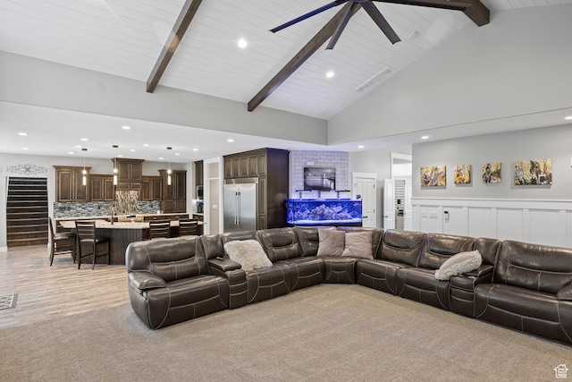 2609 W 3075 S, West Haven, UT 84401 - living room with recessed lighting, a ceiling fan, high vaulted ceiling, light colored carpet, and wood ceiling with exposed beams