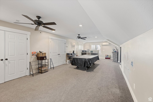 2609 W 3075 S, West Haven, UT 84401 - recreation room featuring ceiling fan, billiards table, light colored carpet, recessed lighting, and vaulted ceiling
