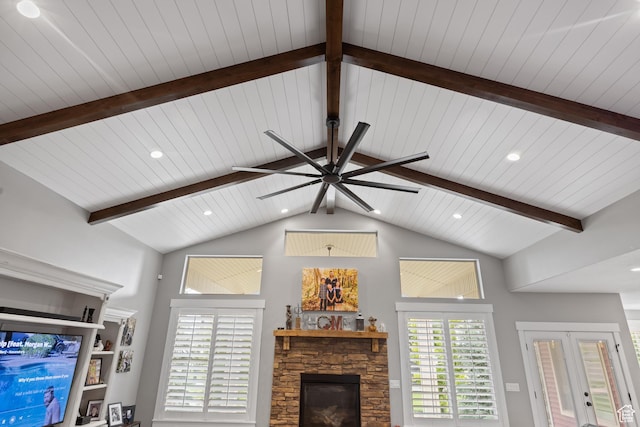 2609 W 3075 S, West Haven, UT 84401 - living room featuring a ceiling fan, a fireplace, and wood ceiling