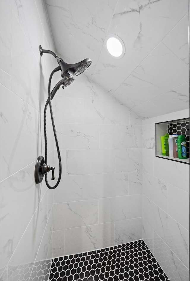 2609 W 3075 S, West Haven, UT 84401 - bathroom featuring tiled shower and lofted ceiling