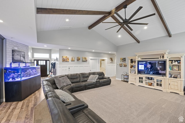 2609 W 3075 S, West Haven, UT 84401 - living area with beam ceiling, ceiling fan, wood finished floors, high vaulted ceiling, and recessed lighting