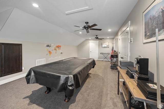 2609 W 3075 S, West Haven, UT 84401 - rec room featuring light carpet, pool table, ceiling fan, baseboards, and vaulted ceiling