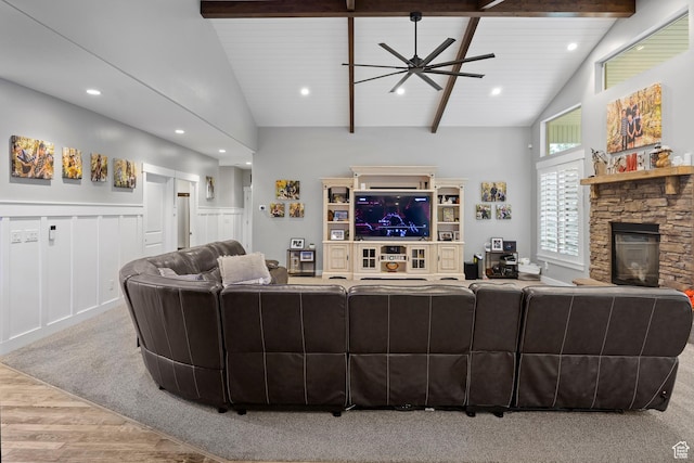 2609 W 3075 S, West Haven, UT 84401 - living room featuring wood finished floors, a fireplace, ceiling fan, and recessed lighting