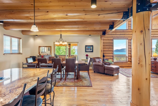125 W Persimmon Dr Unit 2, Garden City, UT 84028 - dining area with rustic walls, light wood-style floors, a chandelier, and wooden ceiling with exposed beams