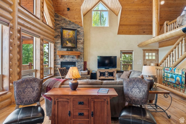 125 W Persimmon Dr Unit 2, Garden City, UT 84028 - living area with high vaulted ceiling, hardwood / wood-style floors, a stone fireplace, wood ceiling, and stairs