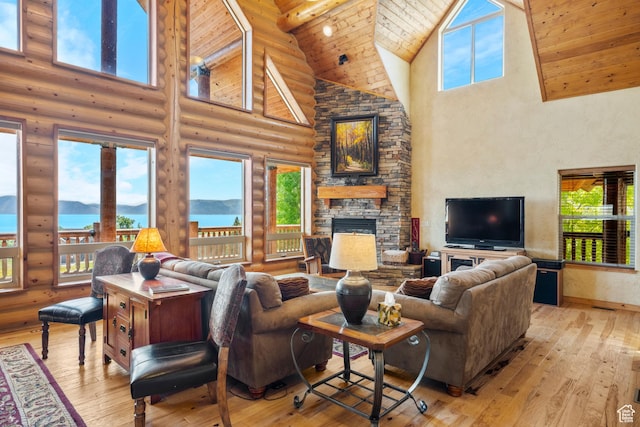 125 W Persimmon Dr Unit 2, Garden City, UT 84028 - living room with high vaulted ceiling, log walls, a fireplace, wood-type flooring, and wooden ceiling