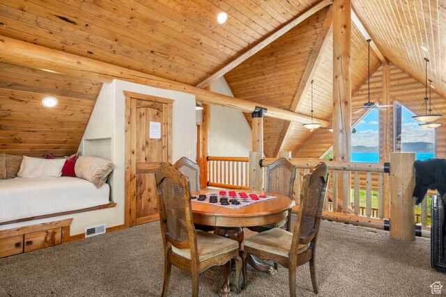 125 W Persimmon Dr Unit 2, Garden City, UT 84028 - dining area featuring carpet flooring, a water view, wood ceiling, and recessed lighting