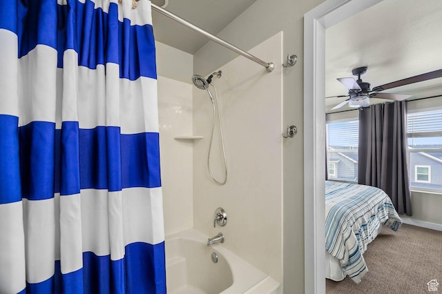 5128 W Stockfield Ln N, Herriman, UT 84096 - full bathroom featuring shower / tub combo with curtain, ceiling fan, and ensuite bath