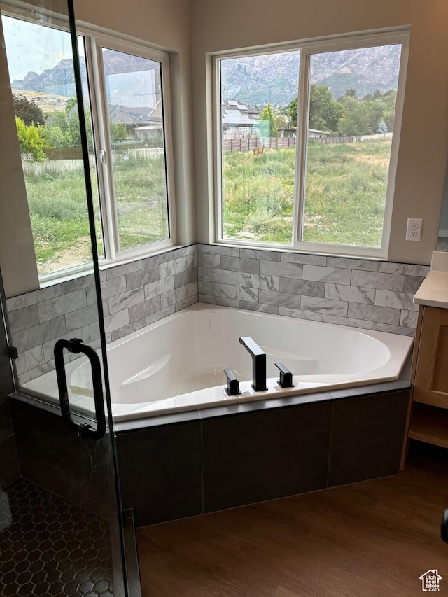 3323 N 1200 W, Pleasant View, UT 84414 - bathroom with a garden tub, vanity, wood finished floors, and a stall shower