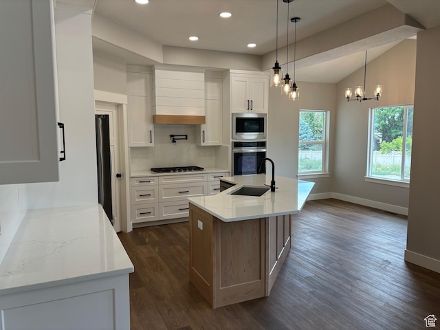 3323 N 1200 W, Pleasant View, UT 84414 - kitchen with stainless steel appliances, dark wood-type flooring, backsplash, custom range hood, and white cabinets