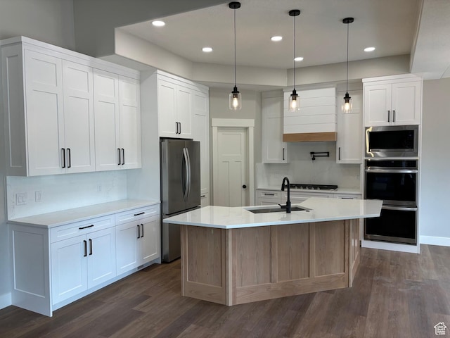 3323 N 1200 W, Pleasant View, UT 84414 - kitchen with stainless steel appliances, dark wood-style flooring, backsplash, light countertops, and white cabinetry