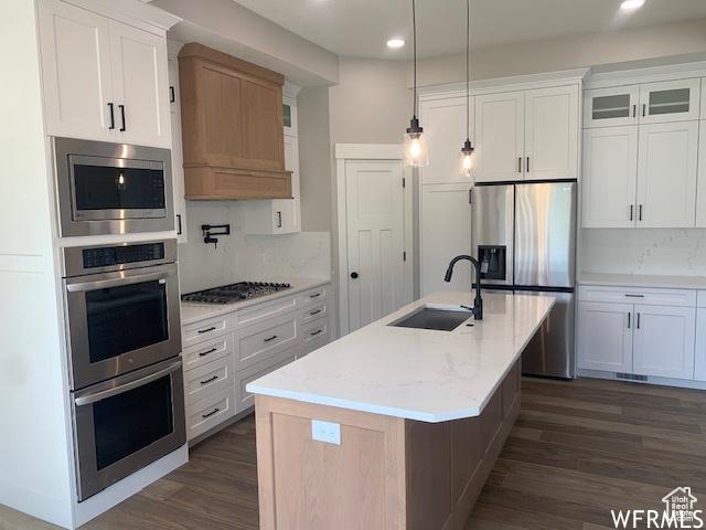 3323 N 1200 W, Pleasant View, UT 84414 - kitchen featuring a sink, stainless steel appliances, recessed lighting, dark wood-style floors, and backsplash