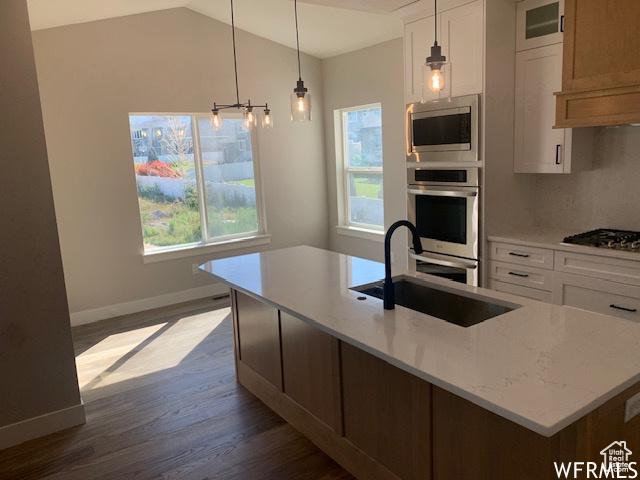 3323 N 1200 W, Pleasant View, UT 84414 - kitchen with stainless steel appliances, dark wood-style floors, plenty of natural light, baseboards, and lofted ceiling