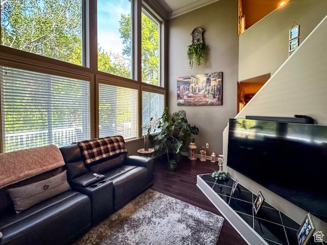 4862 S Kiwana Dr, South Ogden, UT 84403 - living room featuring crown molding, wood finished floors, and plenty of natural light