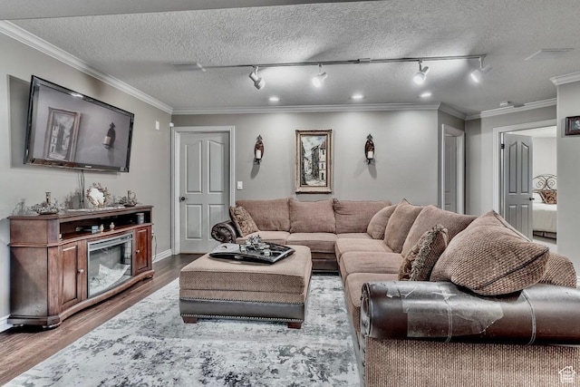 4862 S Kiwana Dr, South Ogden, UT 84403 - living room featuring wood finished floors, crown molding, track lighting, and a textured ceiling