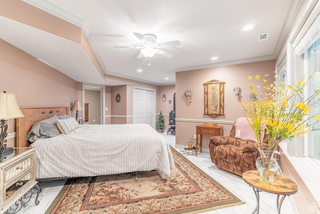 4862 S Kiwana Dr, South Ogden, UT 84403 - bedroom featuring recessed lighting, a ceiling fan, a closet, marble finish flooring, and crown molding