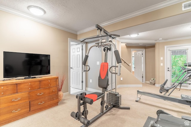 4862 S Kiwana Dr, South Ogden, UT 84403 - workout area with ornamental molding, baseboards, light colored carpet, and a textured ceiling