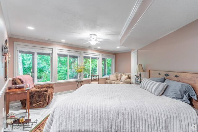 4862 S Kiwana Dr, South Ogden, UT 84403 - bedroom featuring ornamental molding, recessed lighting, baseboards, and ceiling fan