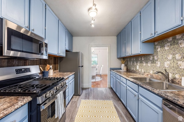 1240 W Indiana Ave, Salt Lake City, UT 84104 - kitchen with stainless steel appliances, blue cabinets, a sink, light wood-style flooring, and decorative backsplash