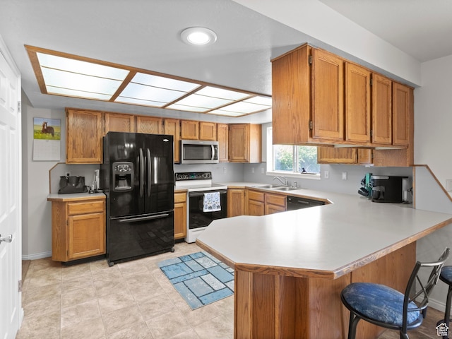 164 S 400 E, Fairview, UT 84629 - kitchen featuring black refrigerator with ice dispenser, electric stove, stainless steel microwave, a sink, and light countertops