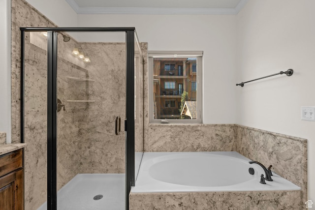 923 W 965 N, Orem, UT 84057 - full bathroom featuring a garden tub, a shower stall, vanity, and crown molding