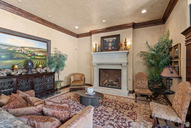 923 W 965 N, Orem, UT 84057 - living room featuring a fireplace with raised hearth, baseboards, recessed lighting, and crown molding