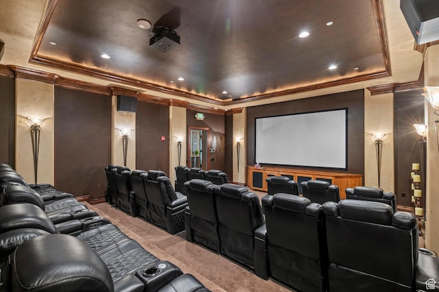 923 W 965 N, Orem, UT 84057 - cinema room featuring a tray ceiling, carpet flooring, and ornamental molding
