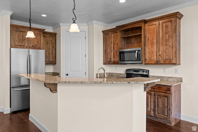 923 W 965 N, Orem, UT 84057 - kitchen with stainless steel appliances, open shelves, baseboards, dark wood-style flooring, and recessed lighting