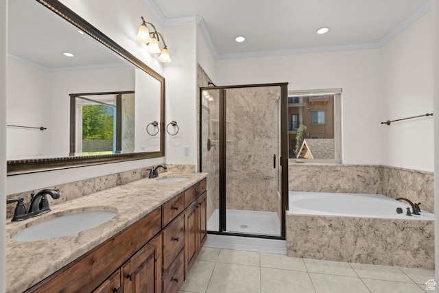 923 W 965 N, Orem, UT 84057 - bathroom featuring a bath, a stall shower, tile patterned floors, double vanity, and ornamental molding