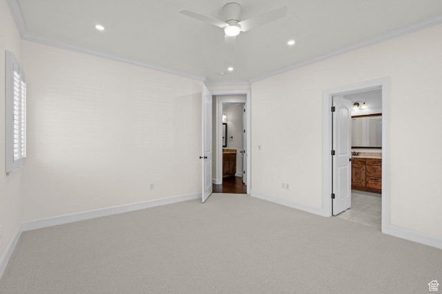 923 W 965 N, Orem, UT 84057 - unfurnished bedroom featuring crown molding, light colored carpet, baseboards, connected bathroom, and recessed lighting