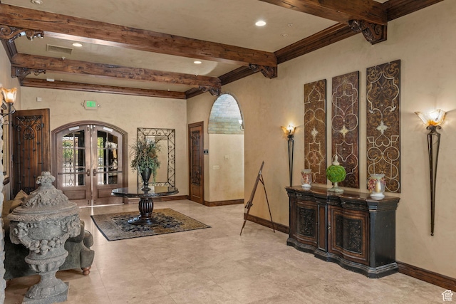 923 W 965 N, Orem, UT 84057 - foyer entrance featuring arched walkways, beam ceiling, french doors, baseboards, and recessed lighting